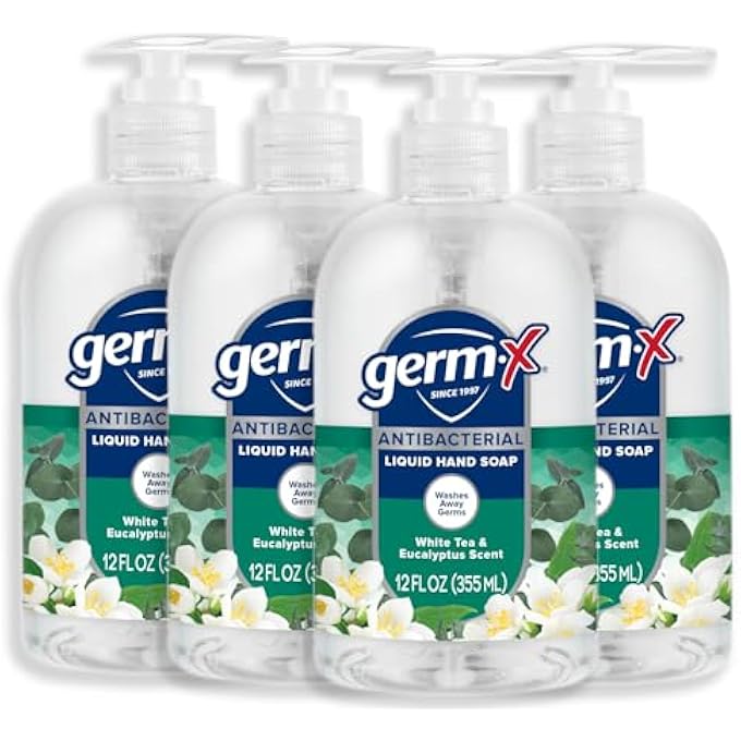 Germ-X ANTIBACTERIAL HAND SOAP, MOISTURIZING LIQUID HAND WASH FOR KITCHEN, PH BALANCED & DERMATOLOGIST TESTED, BACK TO SCHOOL SUPPLIES, WHITE TEA & EUCALYPTUS, 12 OZ PUMP BOTTLE (PACK OF 4) - Image 1